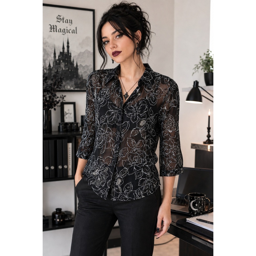 Notations Black Sheer Mesh Floral Burnout Blouse Romantic Goth Office Chic L